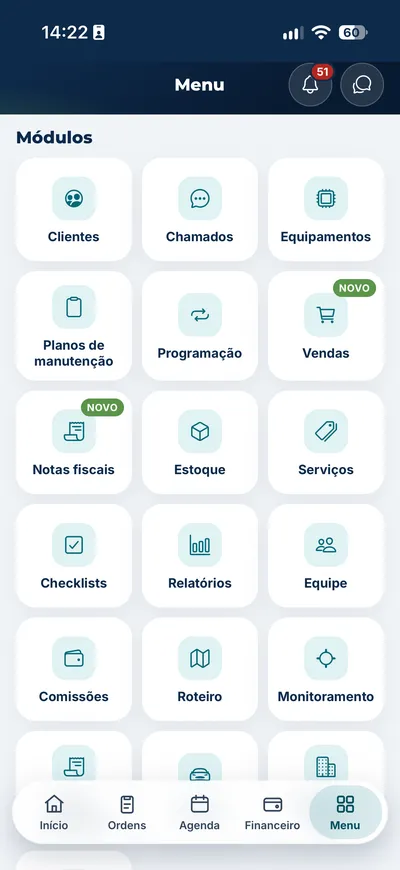 Operix Gestão: menu com todos os módulos do sistema