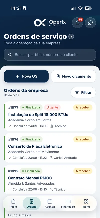 Operix Gestão: lista de ordens de serviço